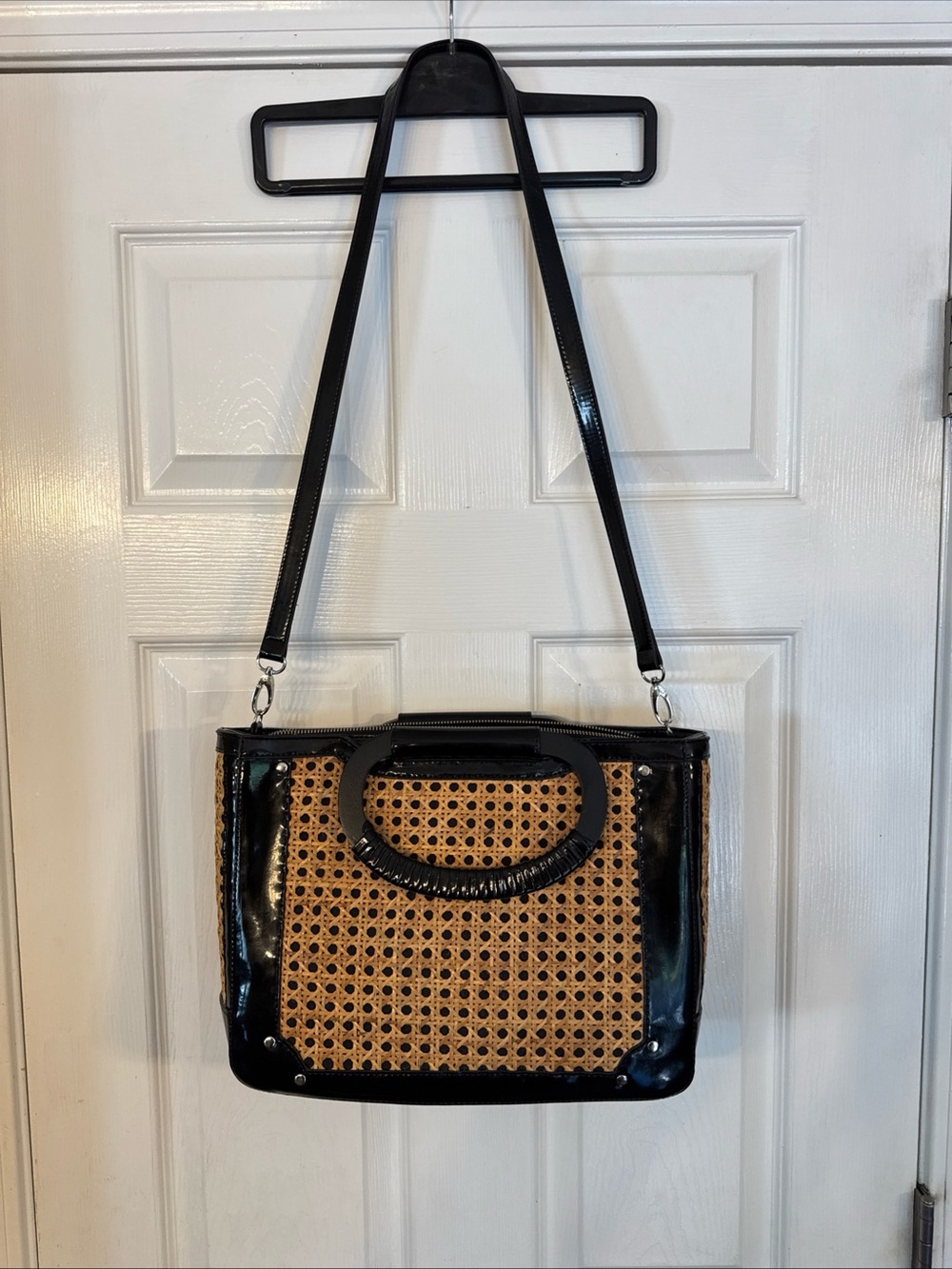 White House Black Market Patent and Wicker Cane Tote Super Clean Black & Tan